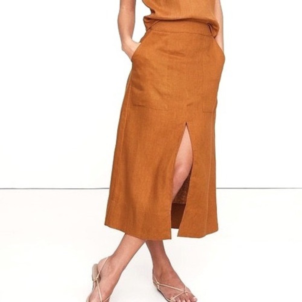 Banana Republic Linen Midi Skirt Rust Orange Split Front Pockets 16 NEW